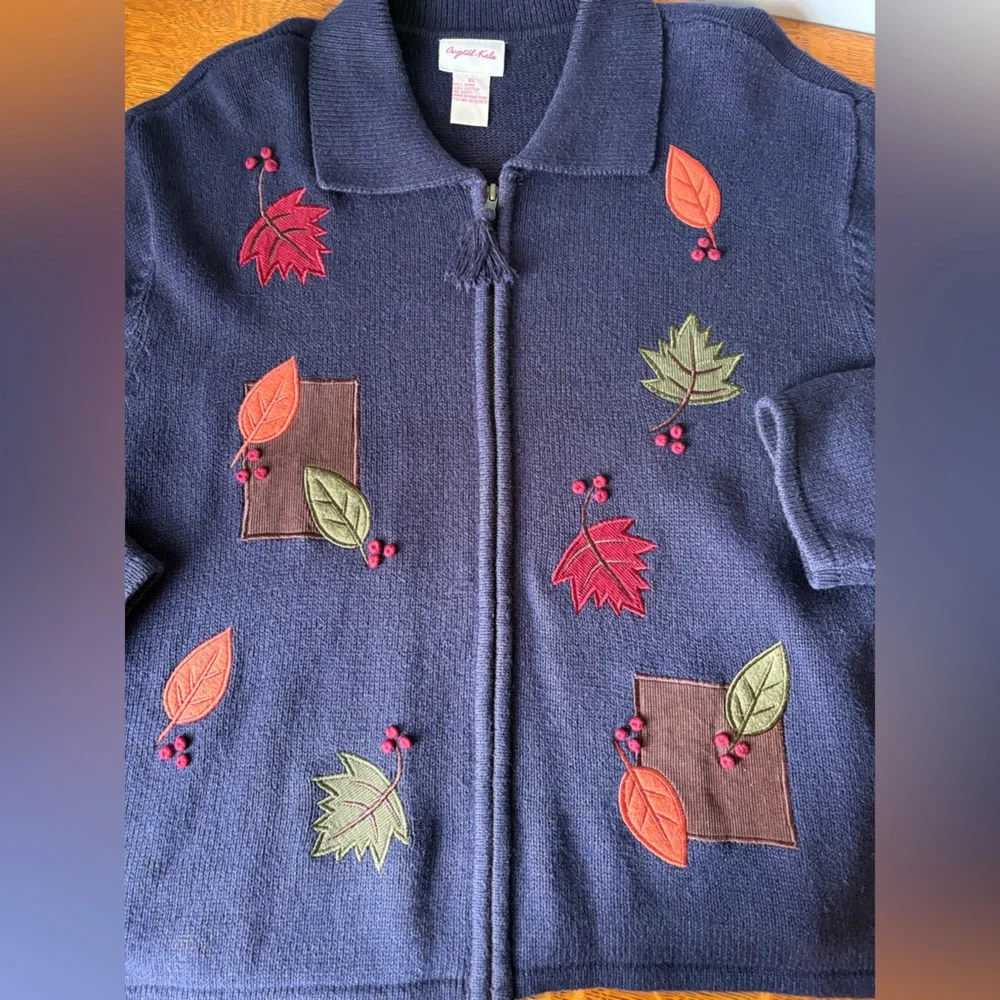 Vintage Crystal-Kobe Navy Full Zip Cardigan Leaf Fall Embroidery Collared Comfy